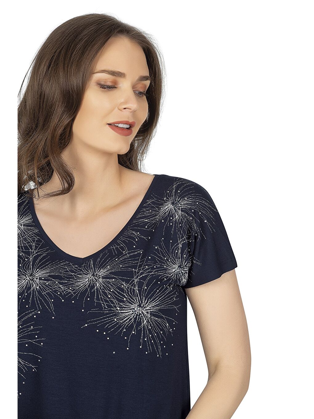 Kadın Işıltı Taş Detaylı Desenli Viskon Bluz | Lacivert  25501-1