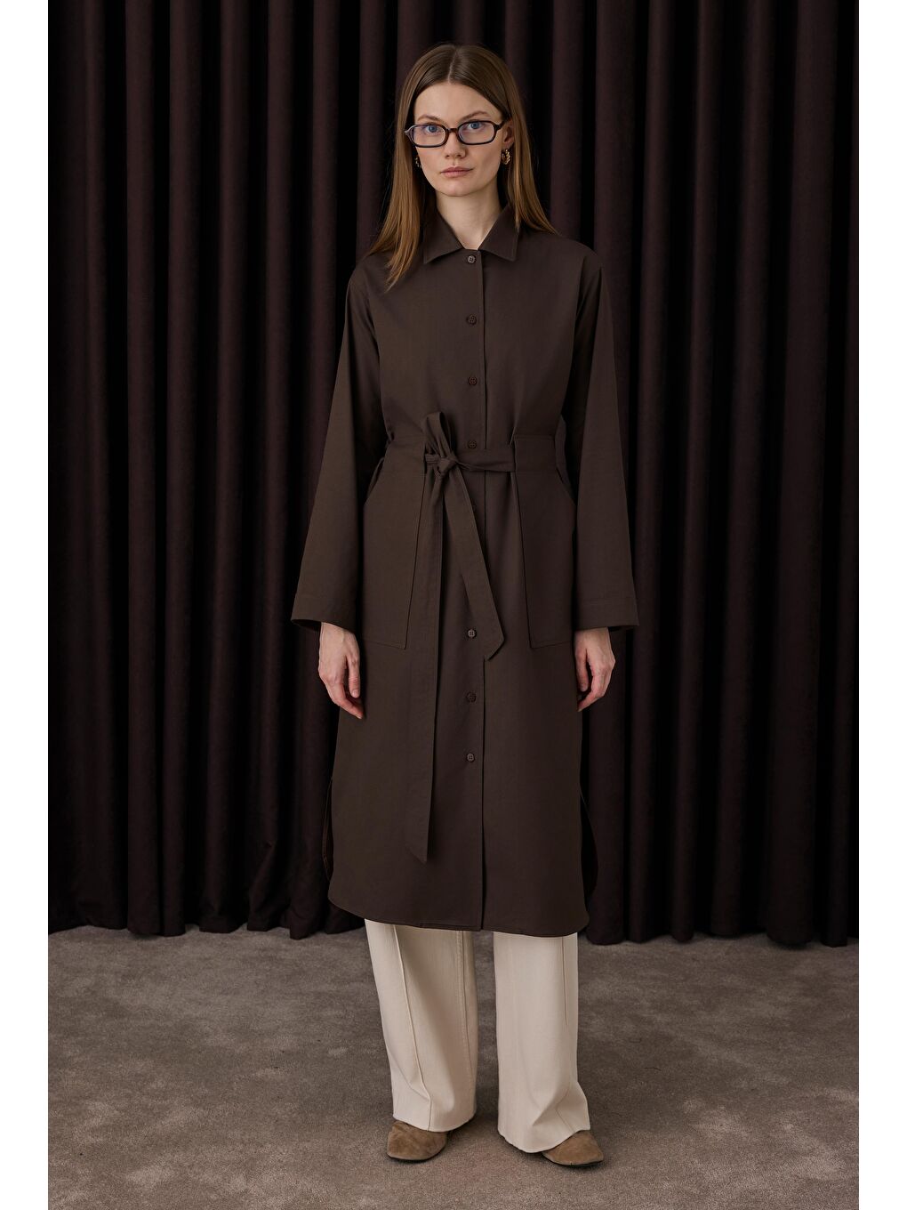 Kahverengi Kemer Detaylı Uzun Gömlek Acı Kahve