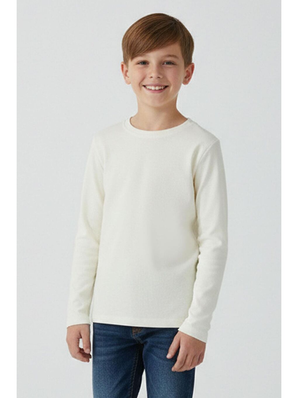 Ekru Erkek Çocuk Uzun Kollu Tişört Basic Krem (9-14 Yaş)