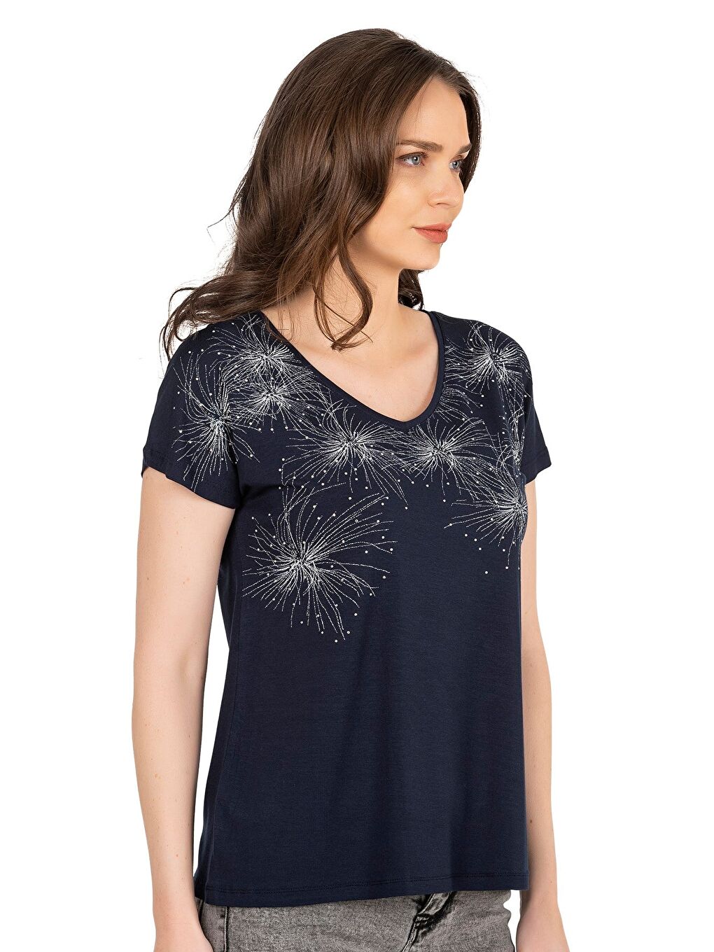 Kadın Işıltı Taş Detaylı Desenli Viskon Bluz | Lacivert  25501-2