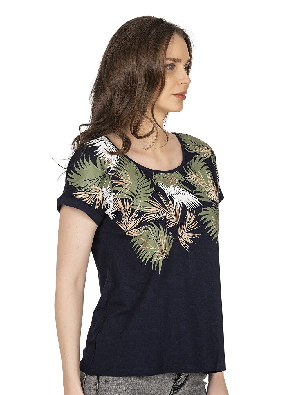 Kadın Desenli Viskon Kısa Kol Bluz | Lacivert 25790-2