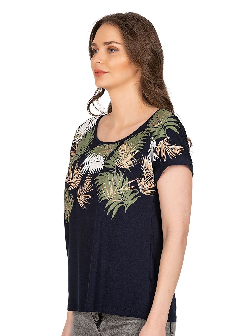 Kadın Desenli Viskon Kısa Kol Bluz | Lacivert 25790-3