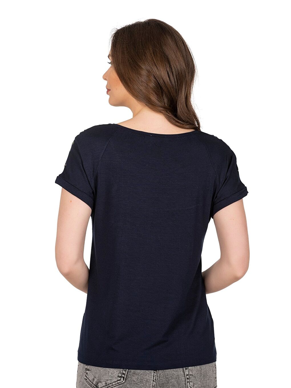 Kadın Desenli Viskon Kısa Kol Bluz | Lacivert 25790-4