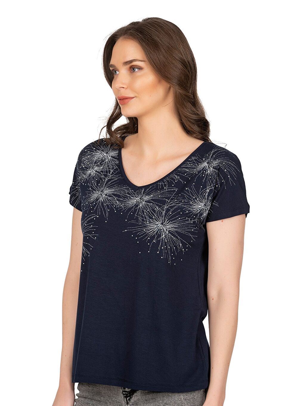 Kadın Işıltı Taş Detaylı Desenli Viskon Bluz | Lacivert  25501-3