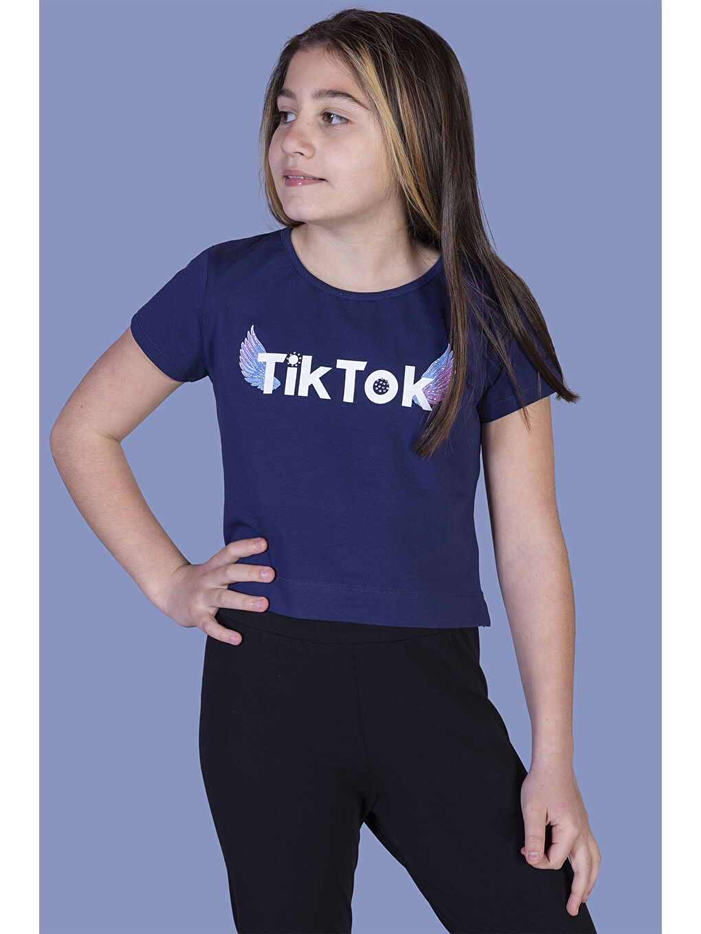 Lacivert Kız Çocuk Ön Arka Baskılı Tişört