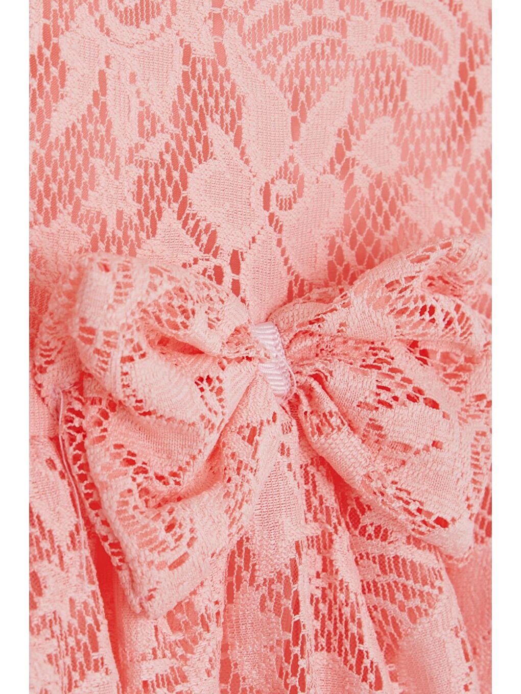 Pembe Kız Çocuk Elbise Fiyonklu Tüllü Güpürlü Somon (3-6 Yaş)-6