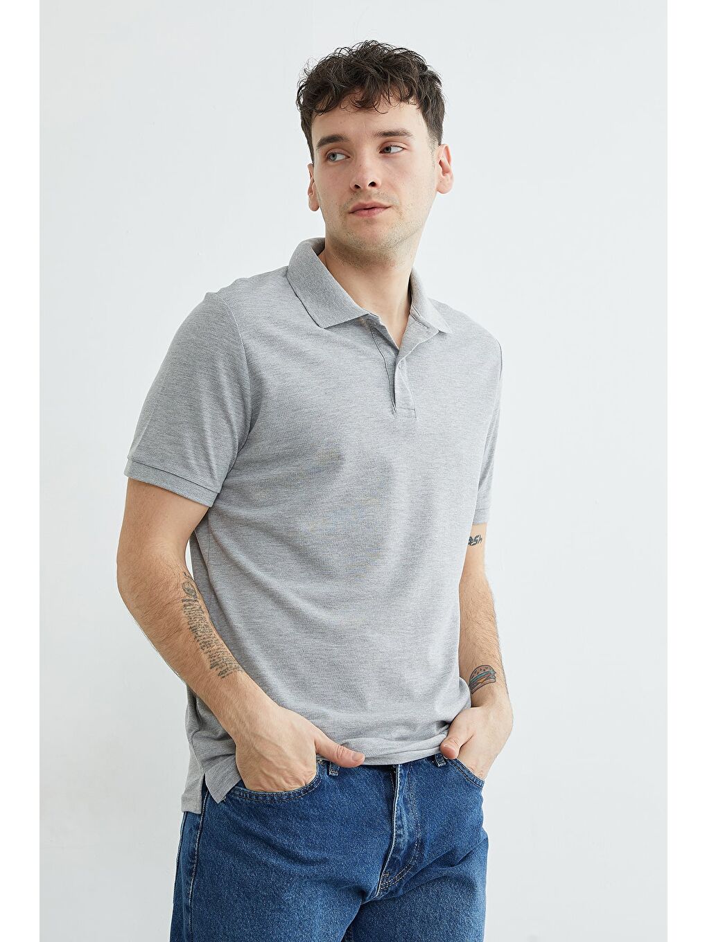 Gri Basic Polo Yaka Pike Tişört-1