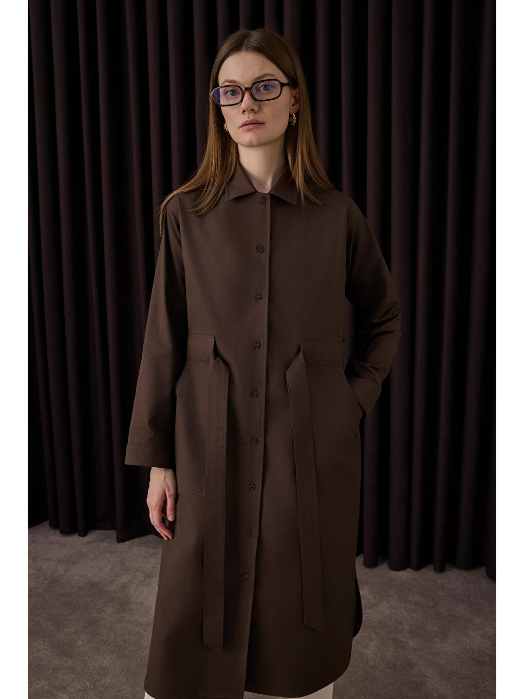 Kahverengi Kemer Detaylı Uzun Gömlek Acı Kahve-1