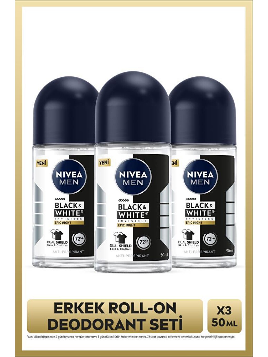 Men Erkek Roll-on Deodorant Black&white Epic Night 50ml, 72 Saat Terleme Karşıtı, Alkolsüz, X3 Adet
