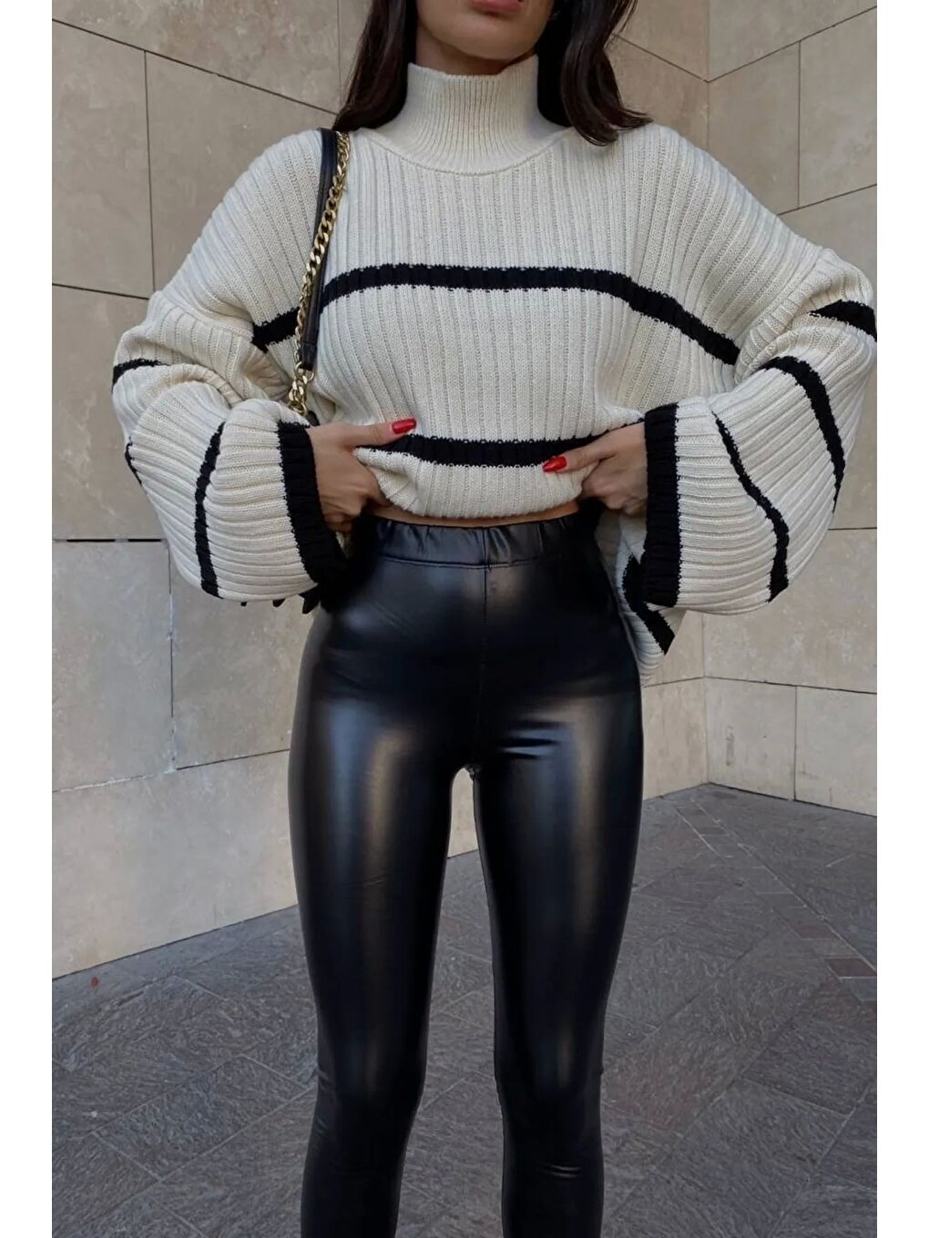 Kadın Bej Çizgili Kazak 0999-22088-2