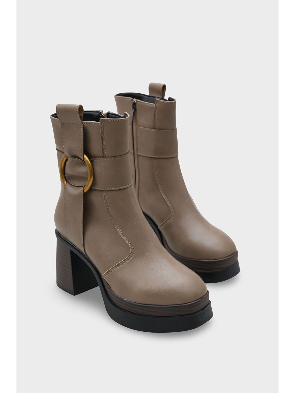 Bej Tiffany Yuvarlak Burunlu Yandan Fermuarlı Orta Topuklu Kadın Bot-1