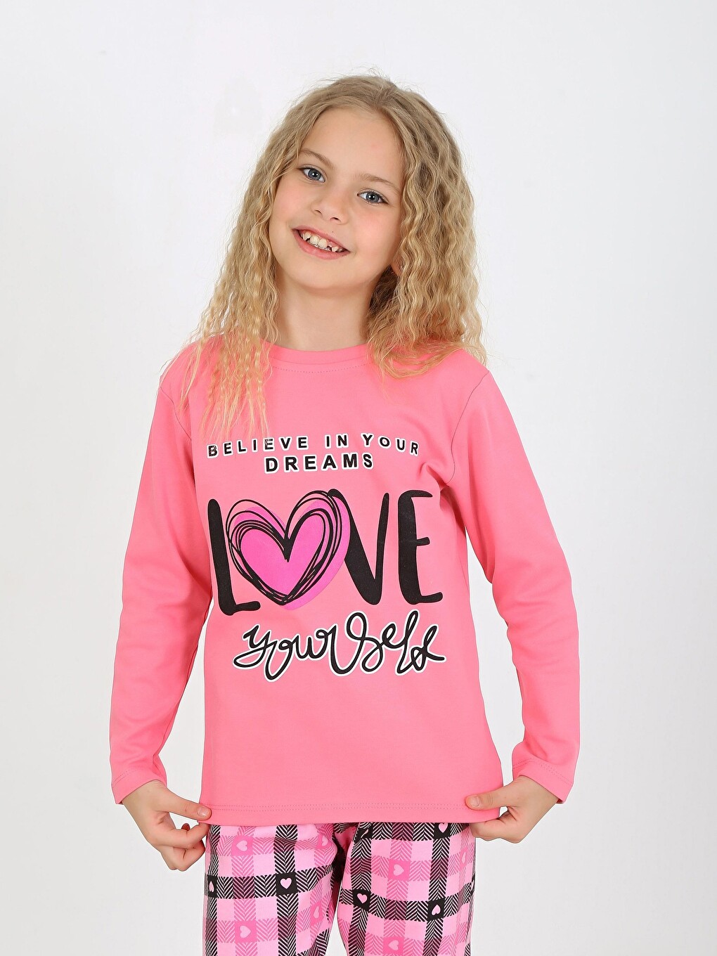 Pembe Kız Çocuk Uzun Kollu %100 Pamuklu Düğmeli Pijama Takımı Your Dreams-1