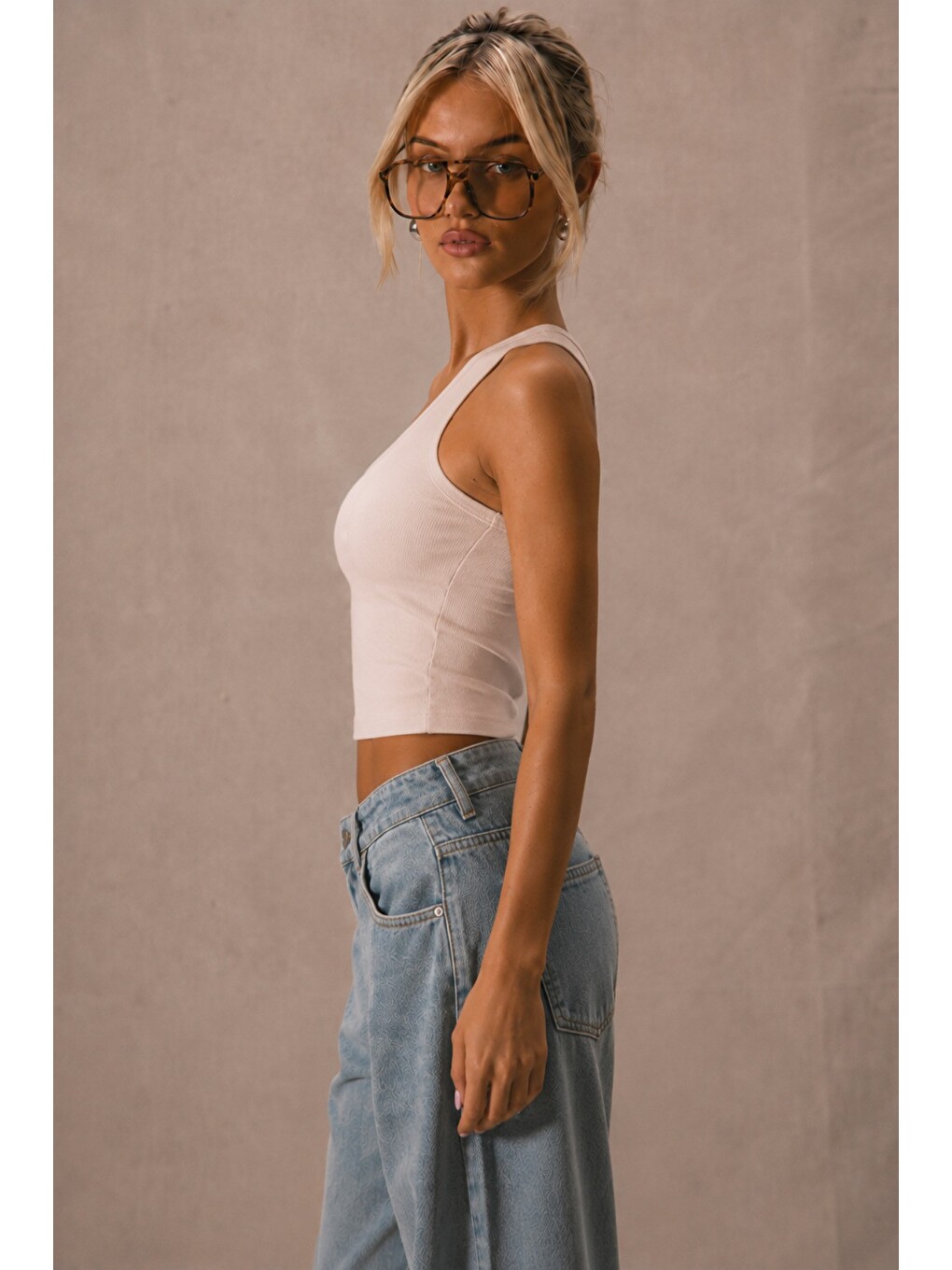 Bej Kadın Tek Omuz Crop Atlet Esnek Slim Fit Süprem Kumaş Asimetrik Yaka Bluz-2