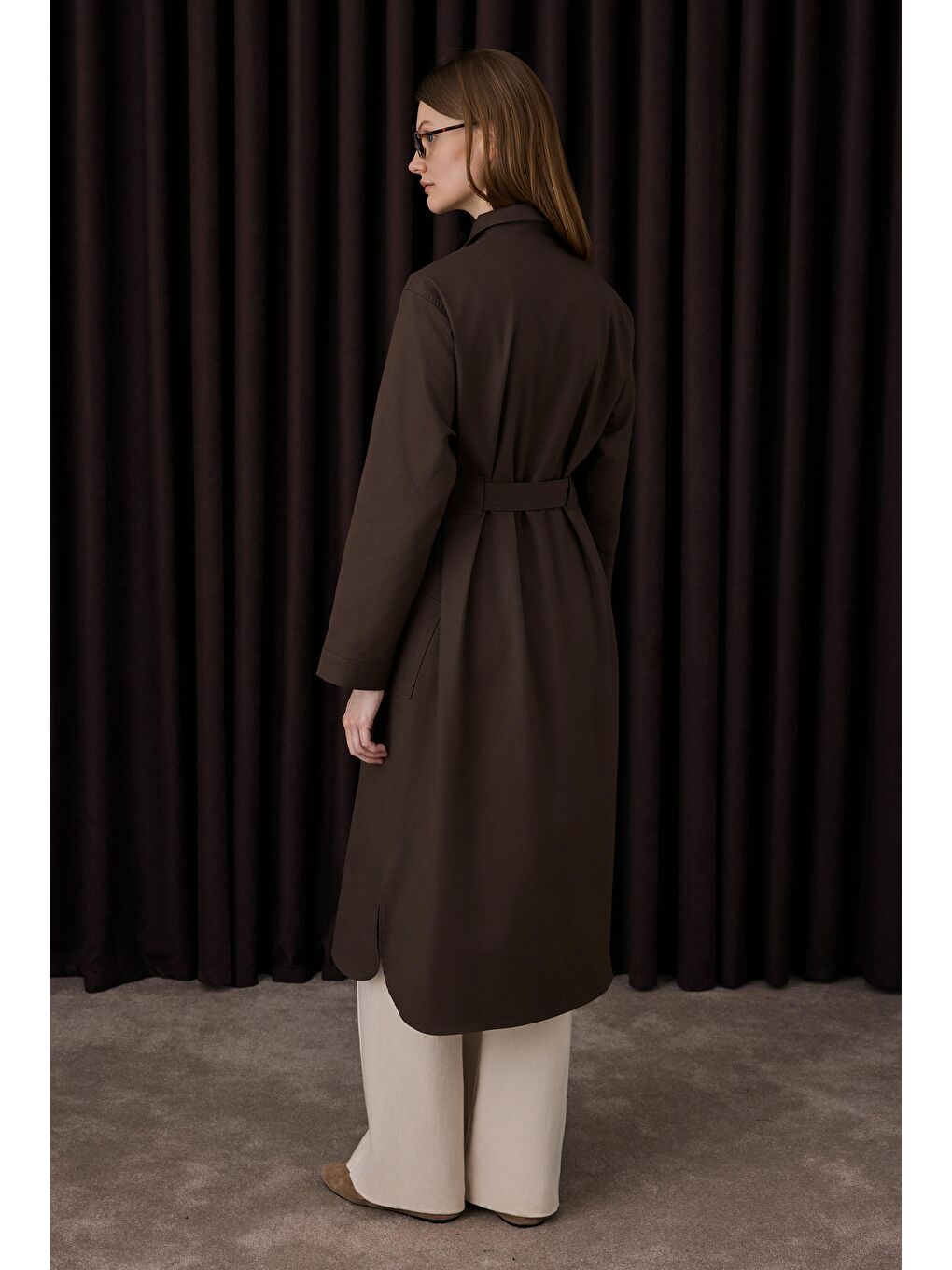 Kahverengi Kemer Detaylı Uzun Gömlek Acı Kahve-2