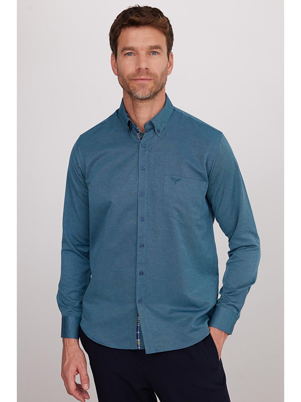 Erkek Regular Fit Klasik Kesim Düğmeli Yaka Pamuklu Kolay Ütü Oxford Düz Yeşil Gömlek