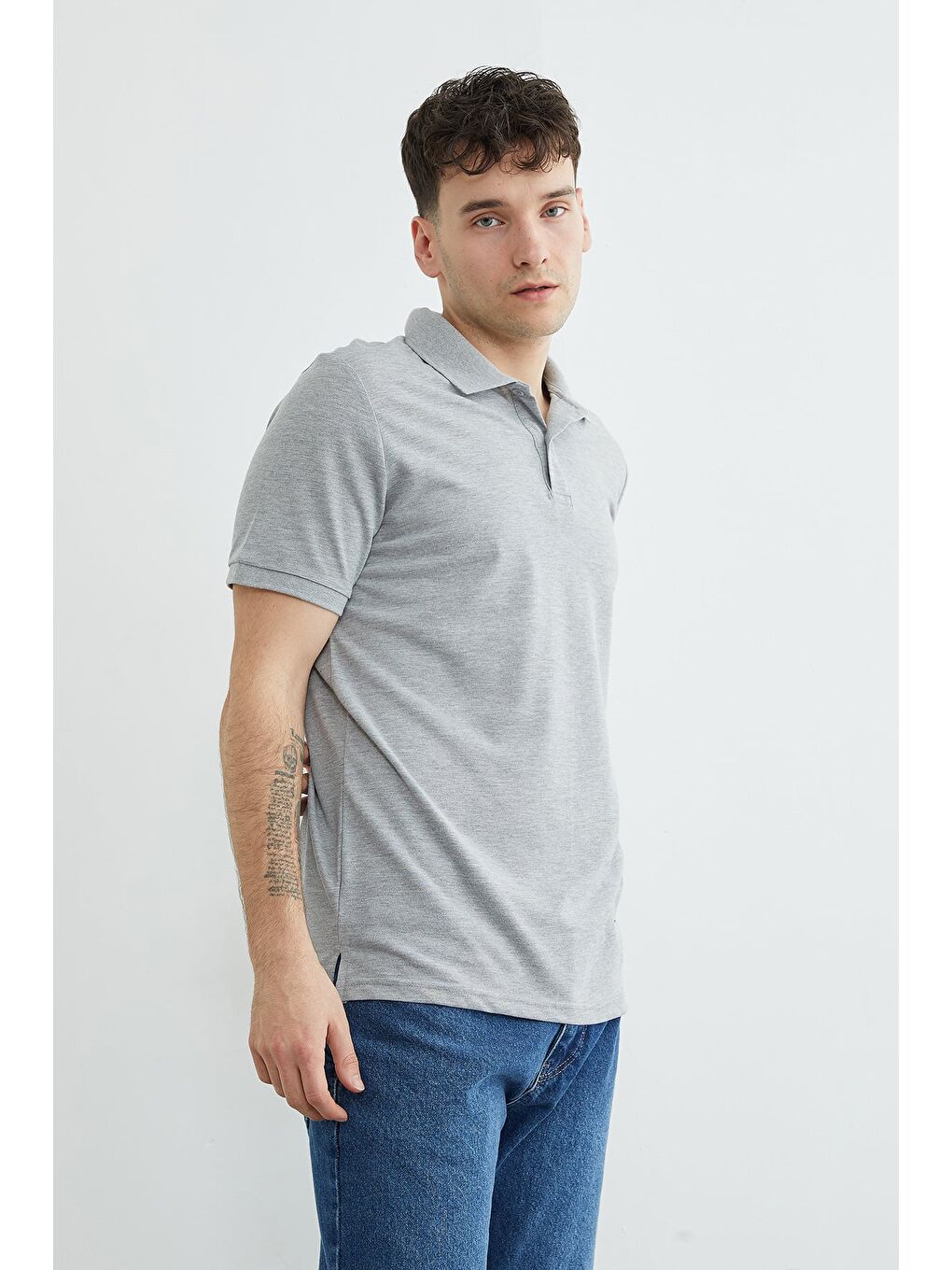 Gri Basic Polo Yaka Pike Tişört-3