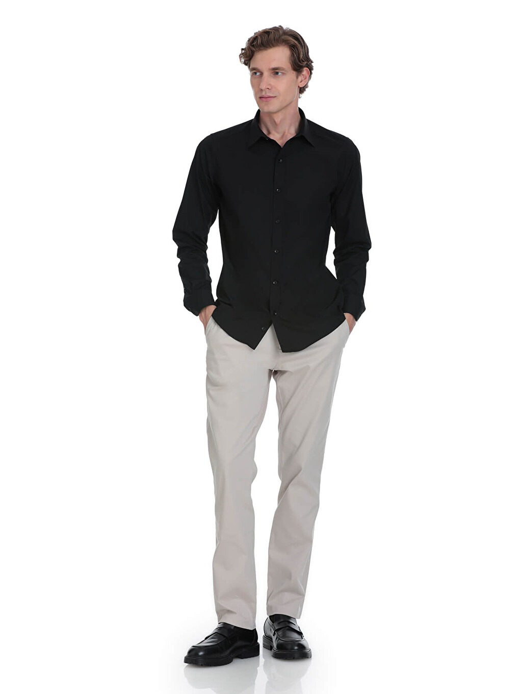 Siyah Slim Fit Slim Yaka Pamuklu Uzun Kollu Gömlek-1