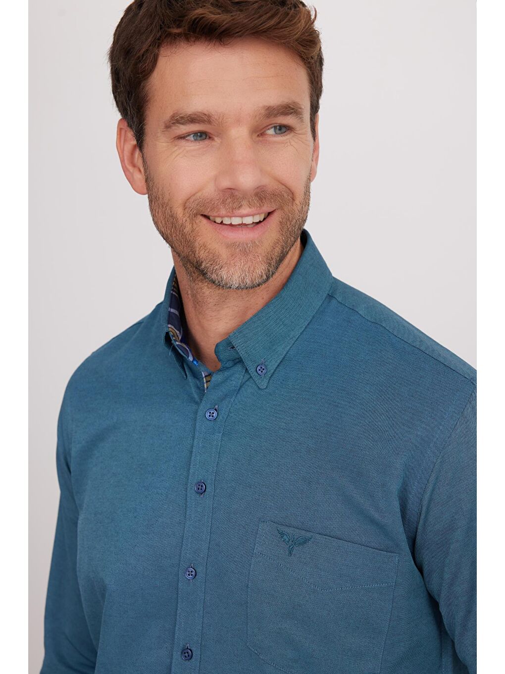 Erkek Regular Fit Klasik Kesim Düğmeli Yaka Pamuklu Kolay Ütü Oxford Düz Yeşil Gömlek-1