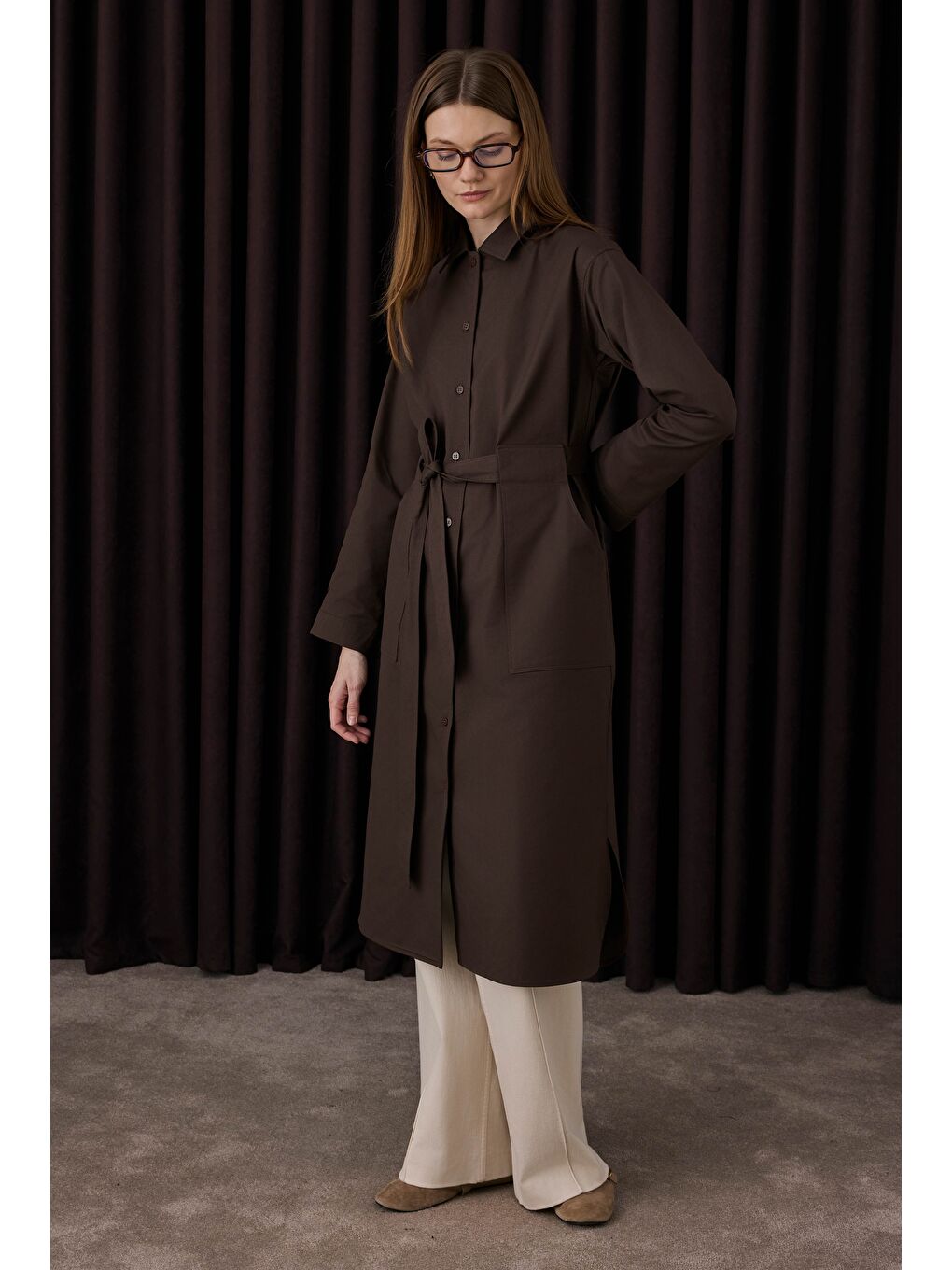 Kahverengi Kemer Detaylı Uzun Gömlek Acı Kahve-3