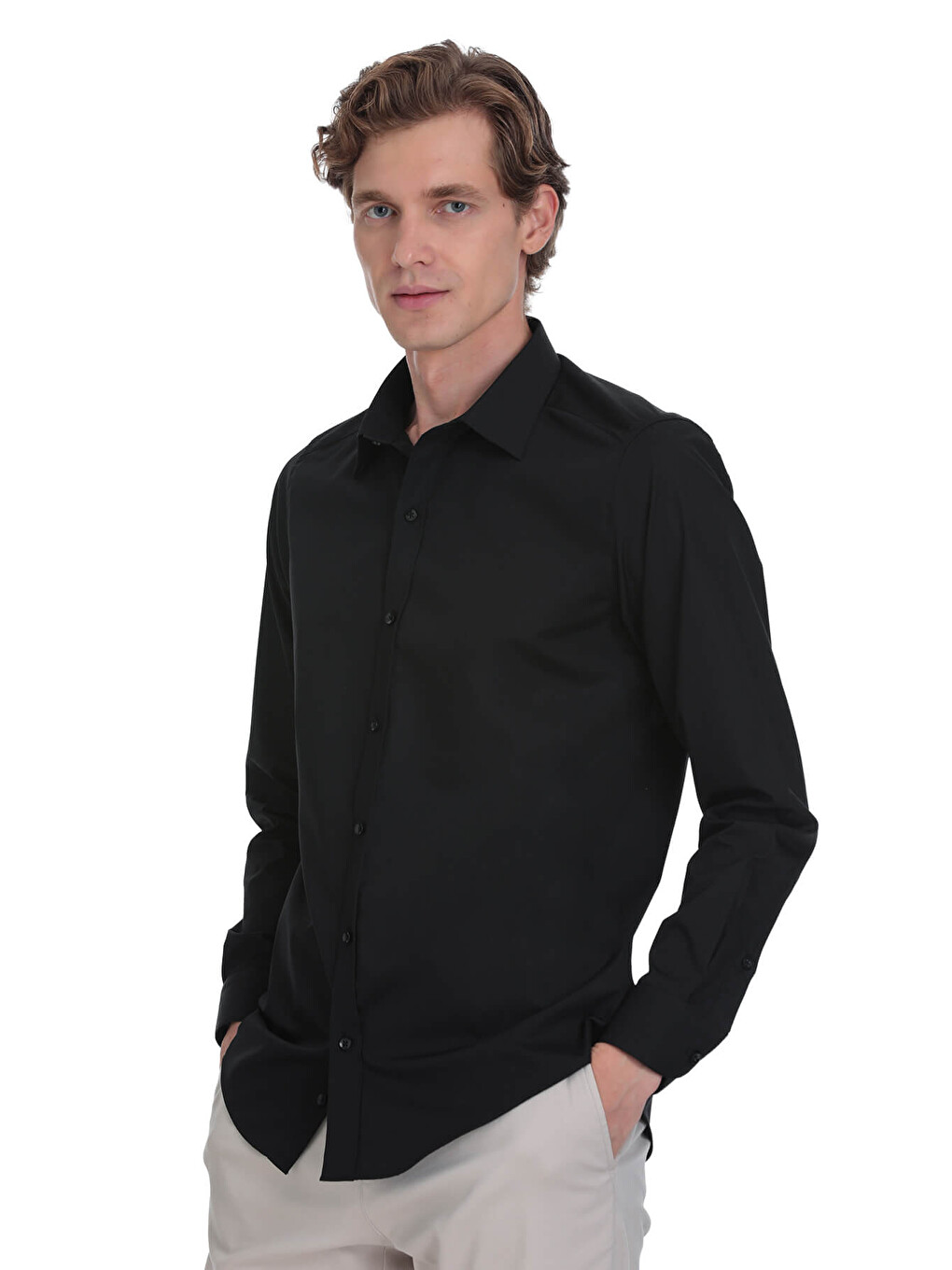 Siyah Slim Fit Slim Yaka Pamuklu Uzun Kollu Gömlek-2