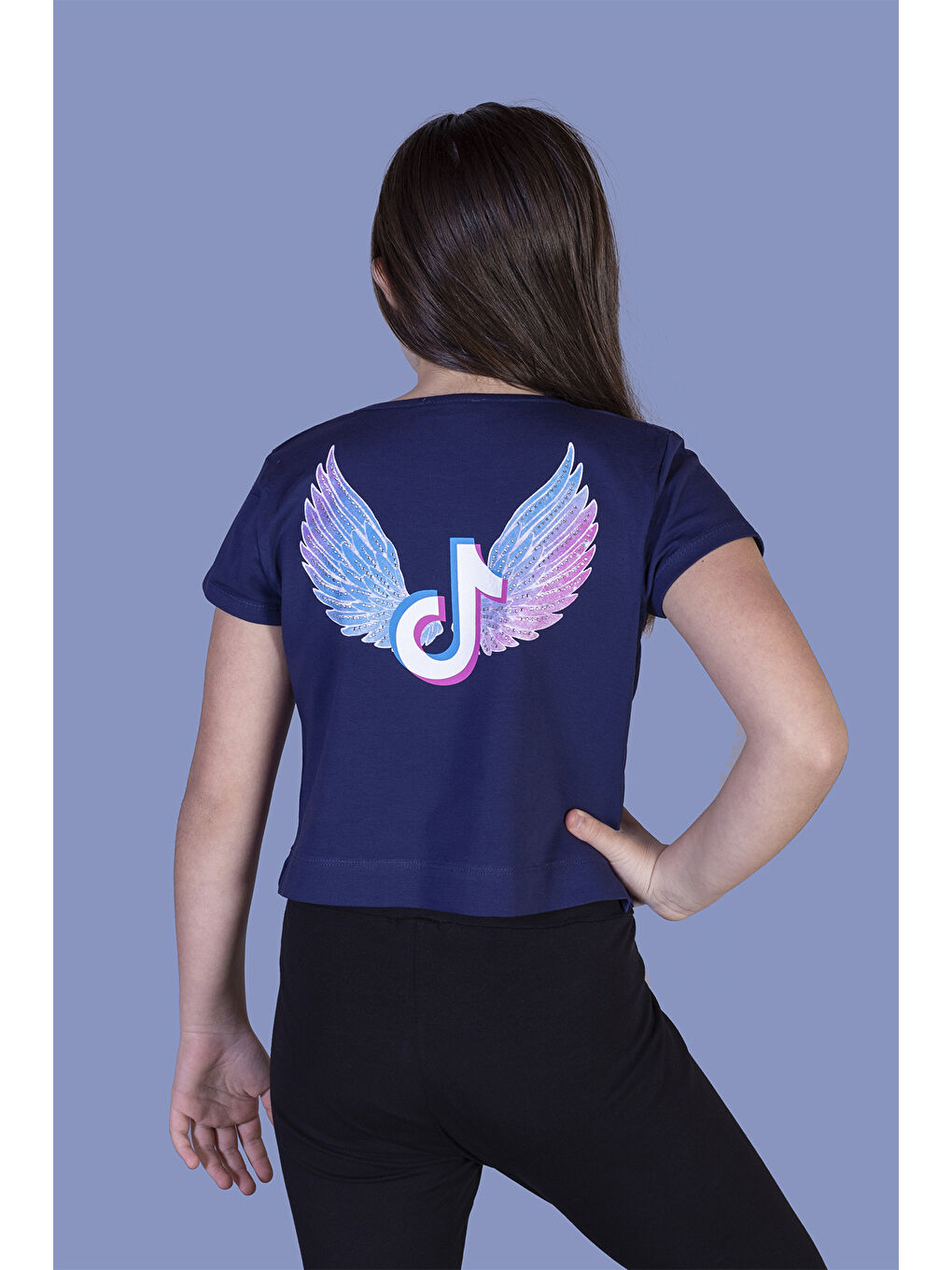 Lacivert Kız Çocuk Ön Arka Baskılı Tişört-1