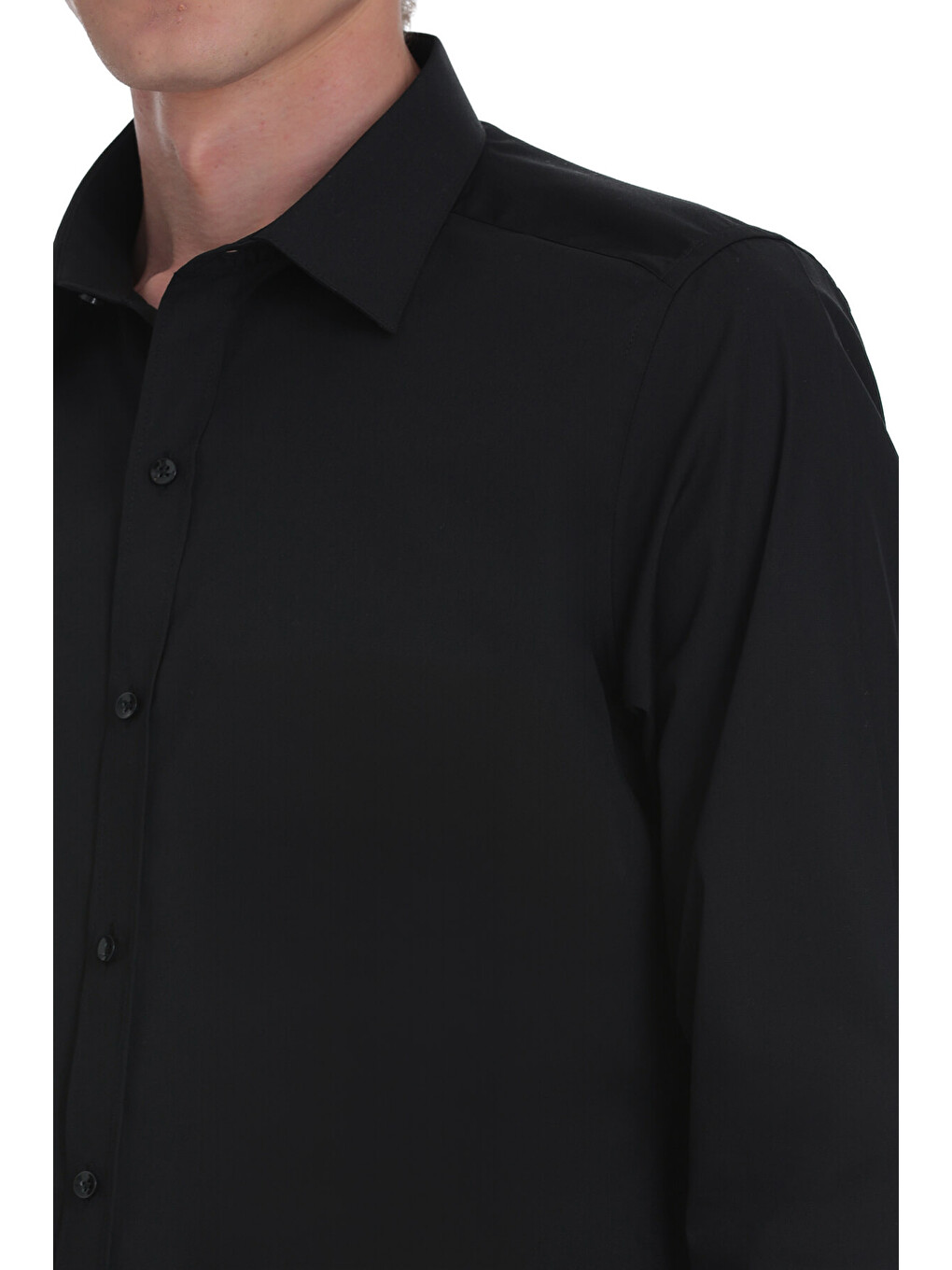 Siyah Slim Fit Slim Yaka Pamuklu Uzun Kollu Gömlek-3