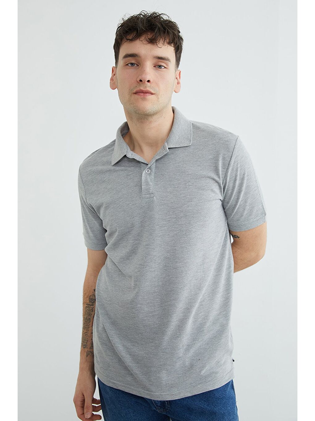 Gri Basic Polo Yaka Pike Tişört-4