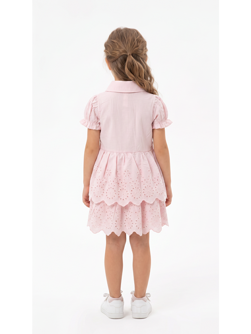 Pembe Çiçek Desenli Yakalı Fırfırlı   Kız Çocuk Elbise-3