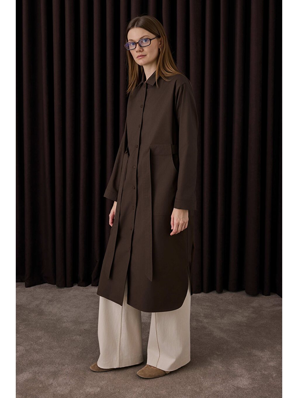 Kahverengi Kemer Detaylı Uzun Gömlek Acı Kahve-4