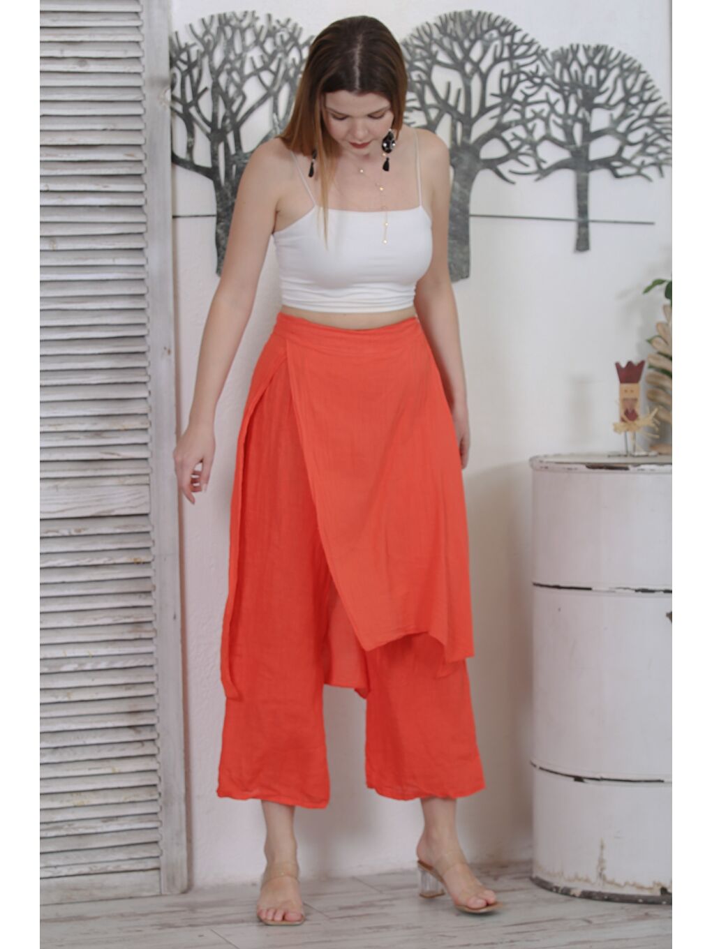 İtalyan Turuncu Dokuma Lastikli Bel Casual Keten Pantolon