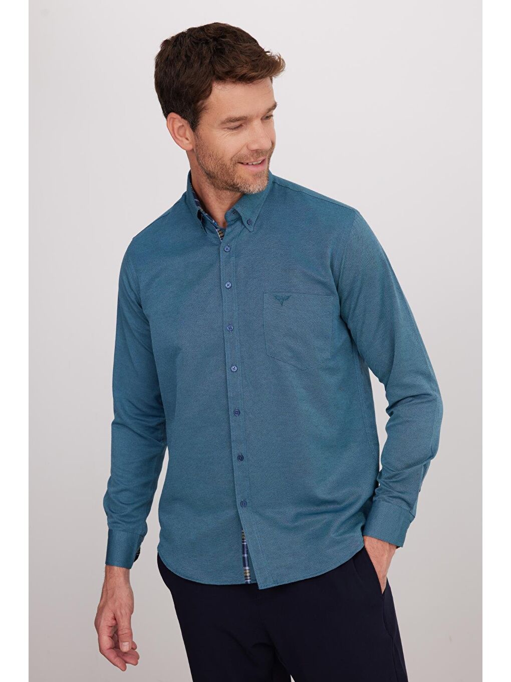 Erkek Regular Fit Klasik Kesim Düğmeli Yaka Pamuklu Kolay Ütü Oxford Düz Yeşil Gömlek-4