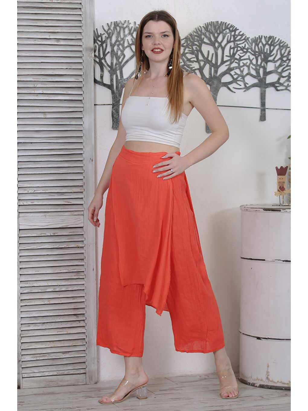 İtalyan Turuncu Dokuma Lastikli Bel Casual Keten Pantolon-1