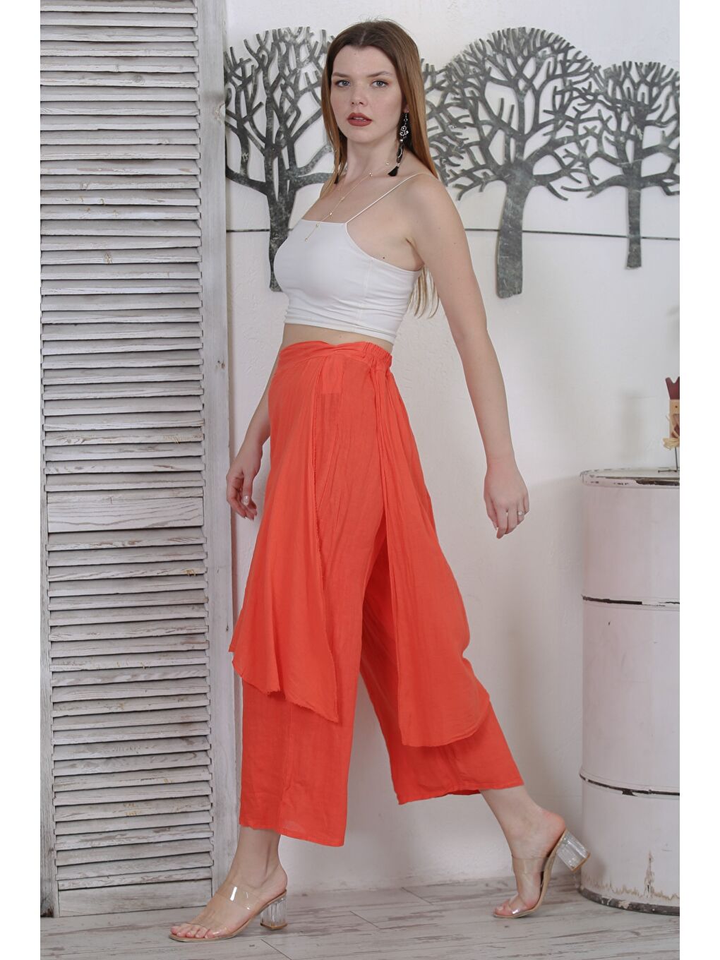 İtalyan Turuncu Dokuma Lastikli Bel Casual Keten Pantolon-2