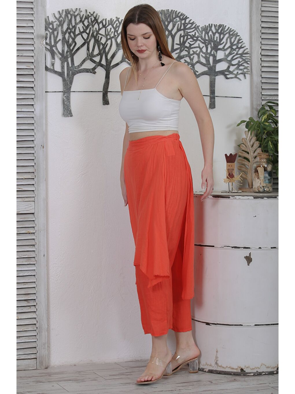 İtalyan Turuncu Dokuma Lastikli Bel Casual Keten Pantolon-3