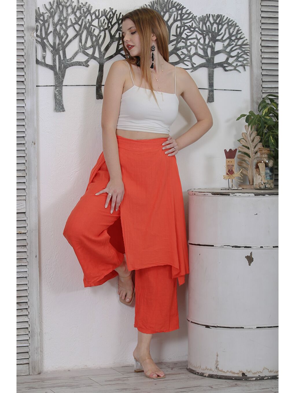 İtalyan Turuncu Dokuma Lastikli Bel Casual Keten Pantolon-5