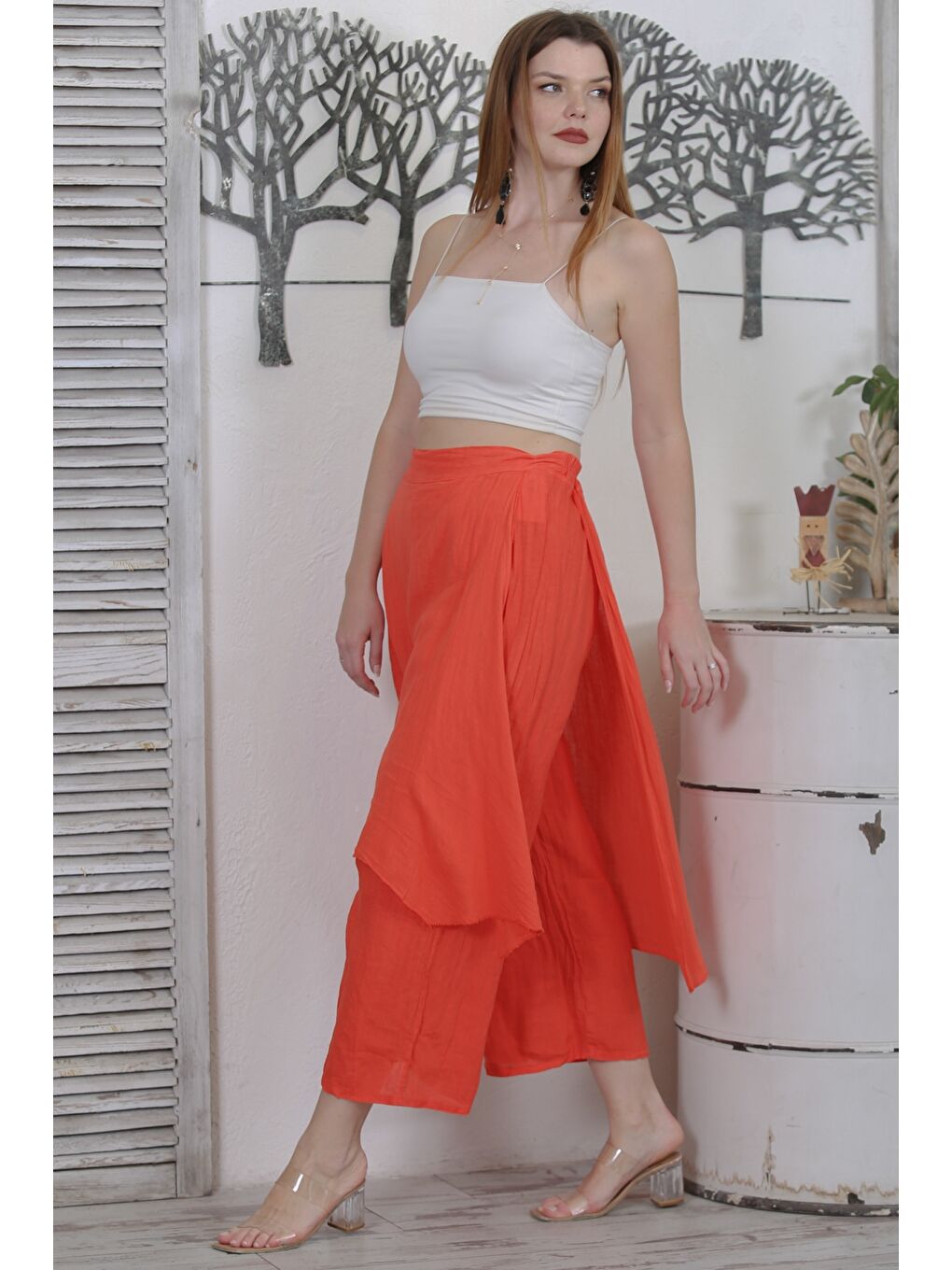 İtalyan Turuncu Dokuma Lastikli Bel Casual Keten Pantolon-6