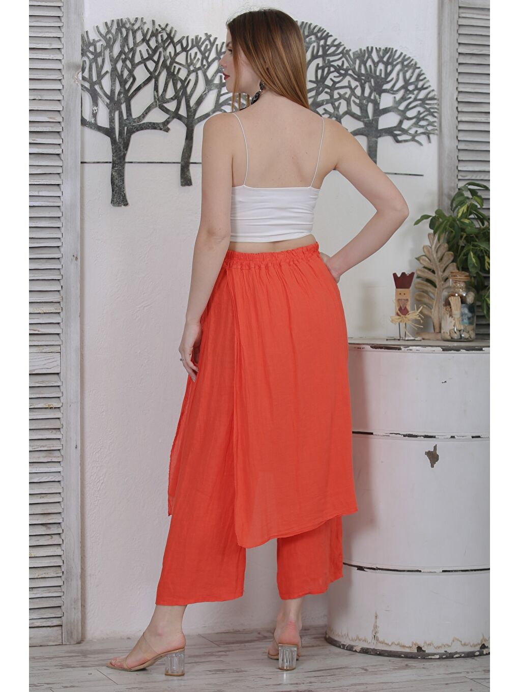 İtalyan Turuncu Dokuma Lastikli Bel Casual Keten Pantolon-7