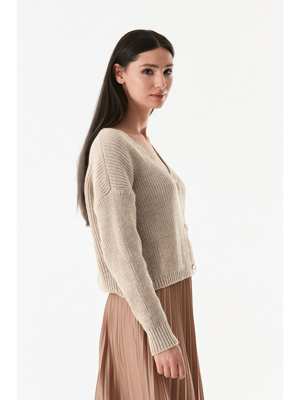 Bej Düğmeli V Yaka Triko Hırka-4