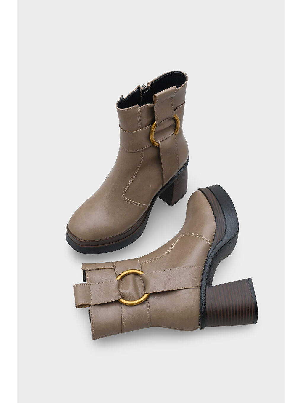 Bej Tiffany Yuvarlak Burunlu Yandan Fermuarlı Orta Topuklu Kadın Bot-4