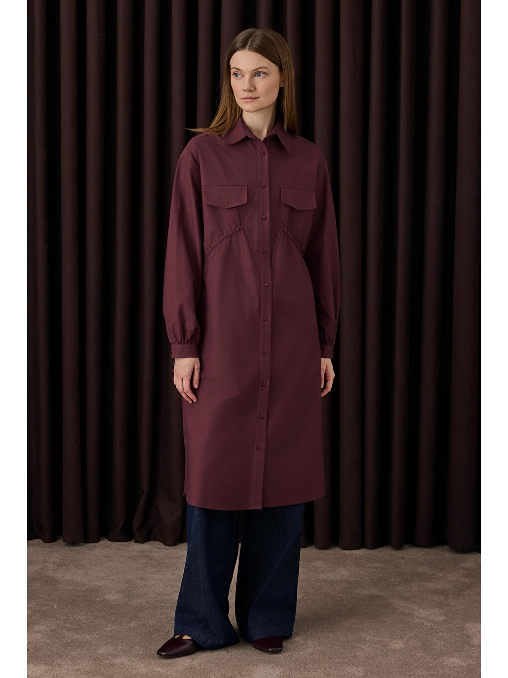 Uzun Büzgü Detaylı Gömlek Bordo