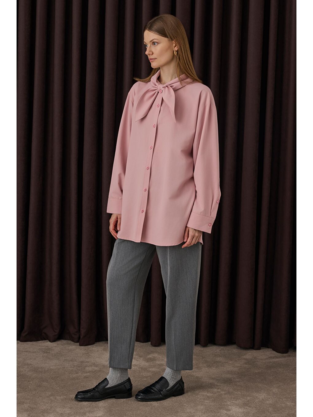 Fiyonk Yaka Gömlek Pastel Pembe-2