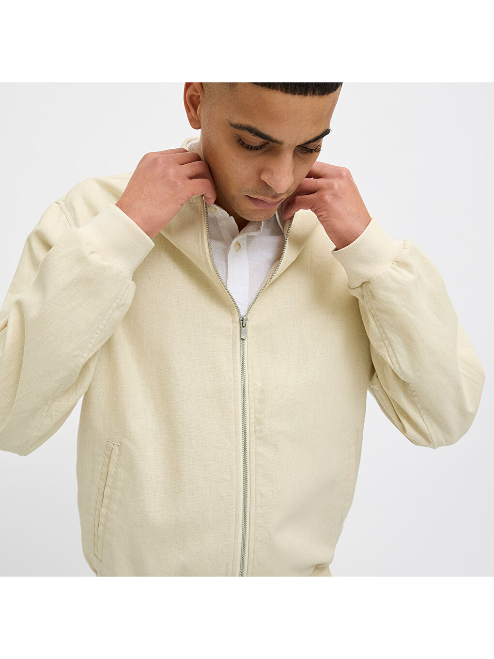 Blaleister Linen Blend Bomber Erkek Bej Klasik Yaka Ceket-3