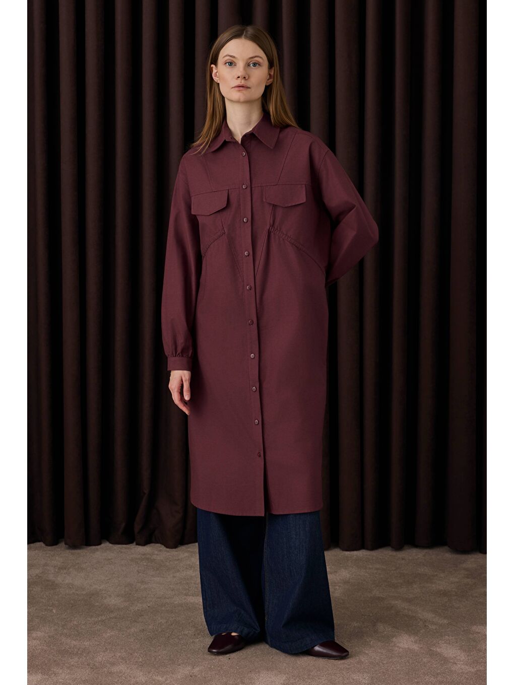 Uzun Büzgü Detaylı Gömlek Bordo-1