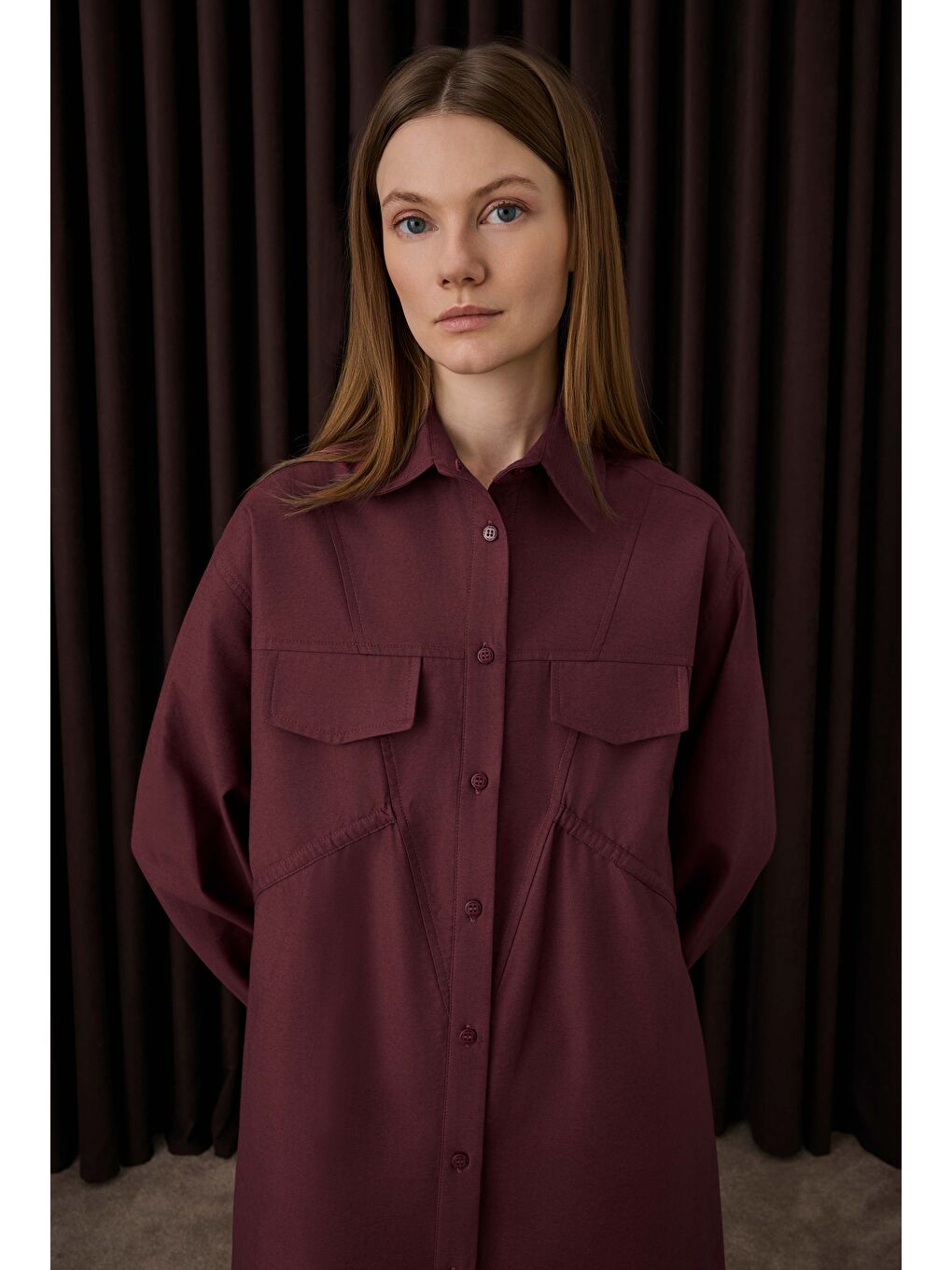 Uzun Büzgü Detaylı Gömlek Bordo-2