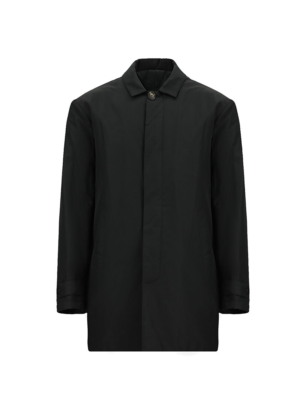 Siyah Regular Fit Önü Düğmeli Kapitoneli Düz Pardösü