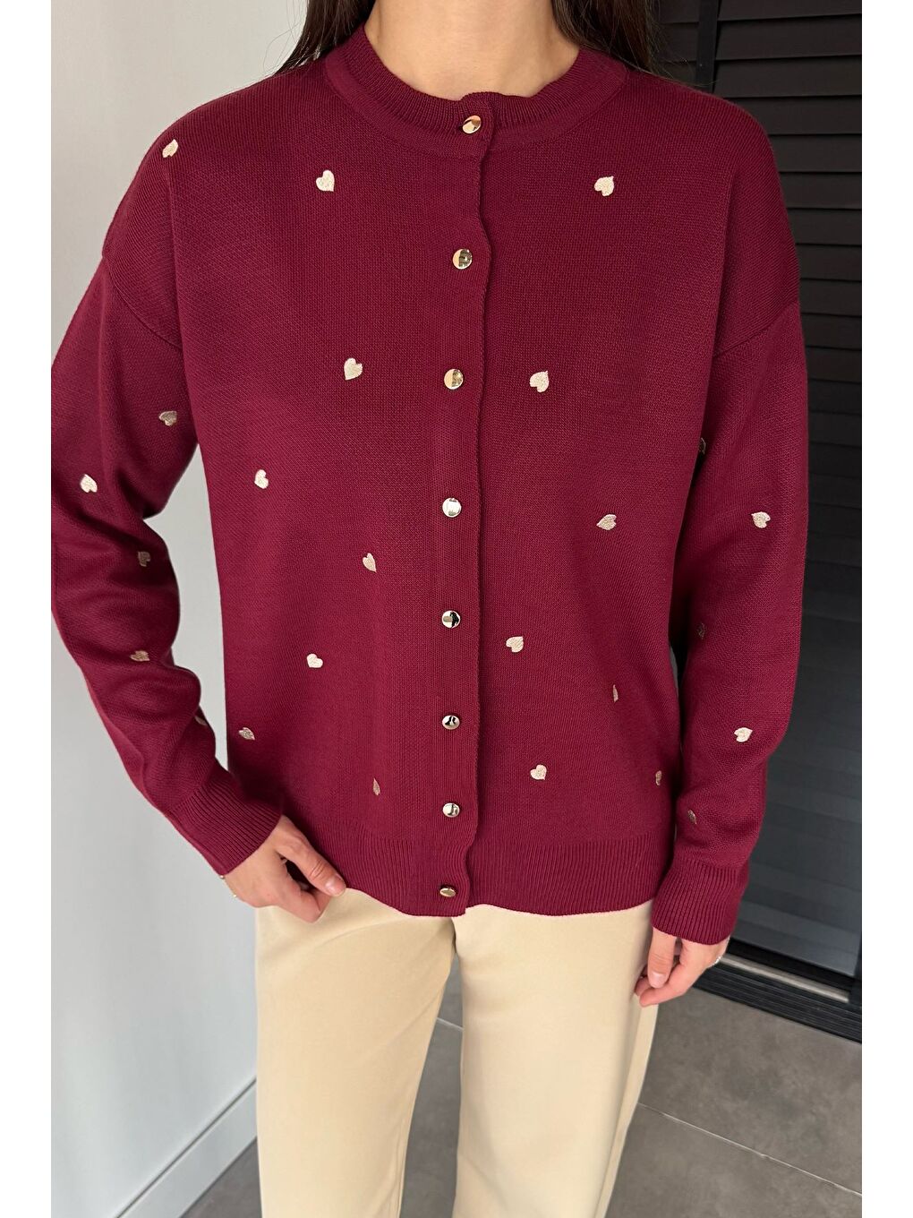 Bordo Kadın Kalp Nakışlı Triko Hırka (s-m-l Uyumludur)