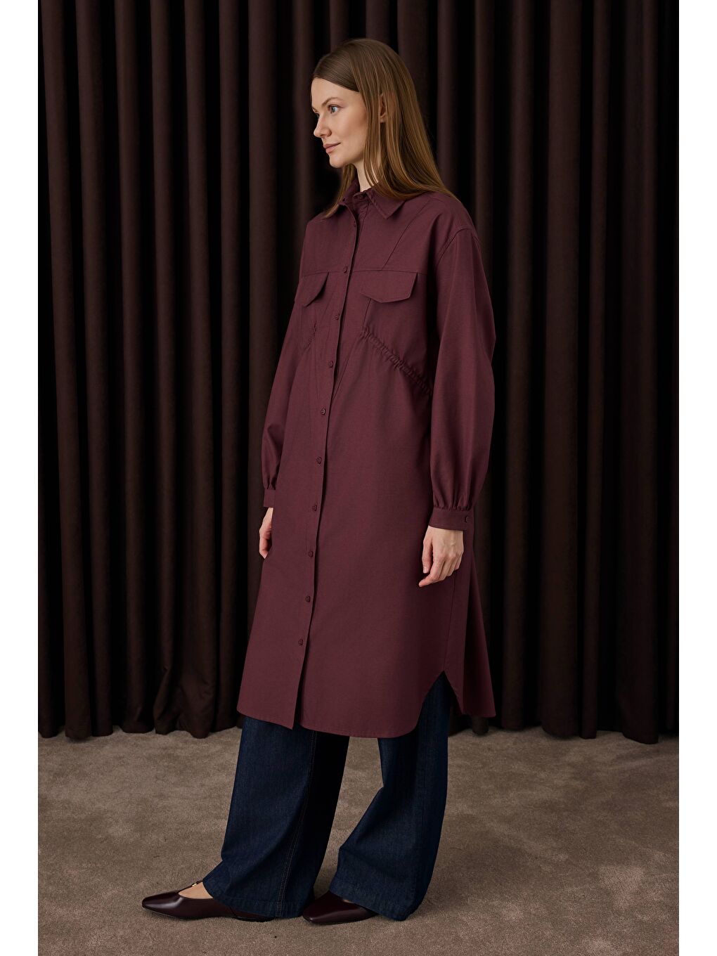 Uzun Büzgü Detaylı Gömlek Bordo-3