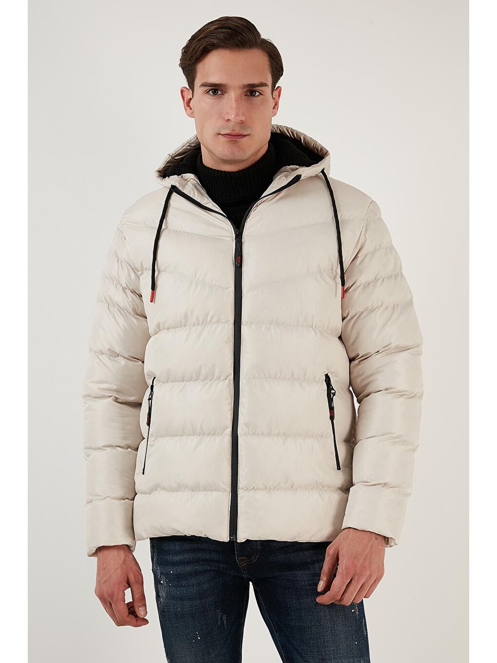 Bej Peluş Astarlı Kapüşonlu Fermuarlı Slim Fit Şişme Mont 5762010-5