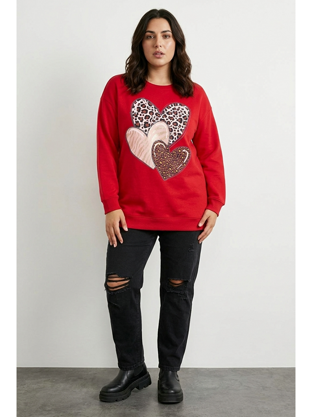 Kırmızı Bisiklet Yaka Uzun Kollu Baskılı Esnek Kumaşlı Sweatshirt