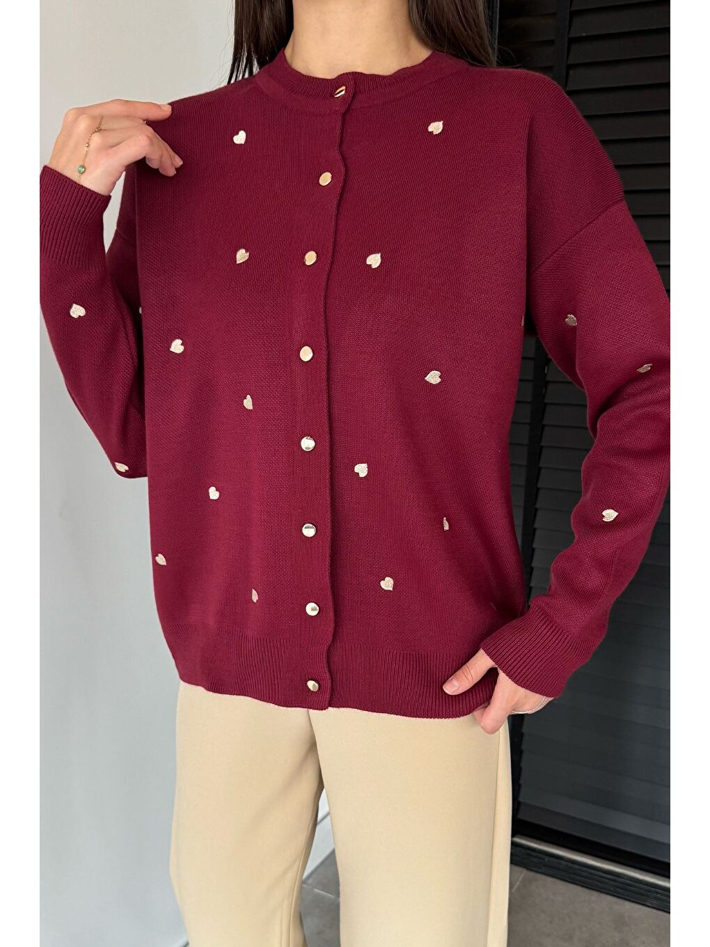 Bordo Kadın Kalp Nakışlı Triko Hırka (s-m-l Uyumludur)-1